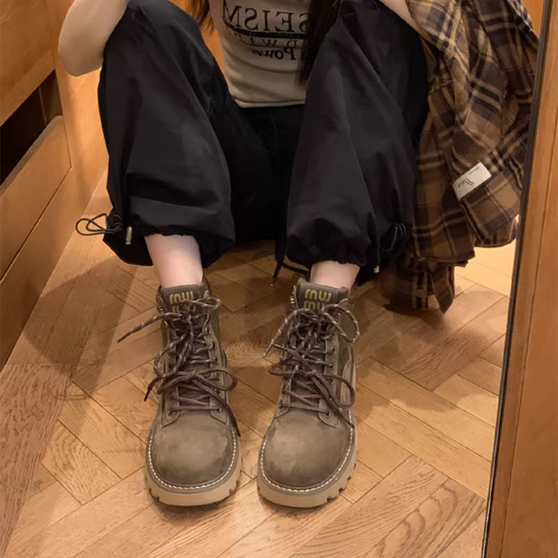 Giày bốt ngắn da bò kiểu Anh có dây buộc đôi, mũi tròn, đế dày, giày bốt Martin cổ điển dành cho nữ, giày đi bộ đường dài ngoài trời bằng da thật