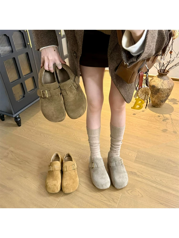 Phiên bản da cừu ~ Giày Birkenstock đế dày siêu mềm tăng chiều cao 6cm dành cho nữ, khóa thắt lưng cổ điển, giày đơn lót lông cừu cắt sâu