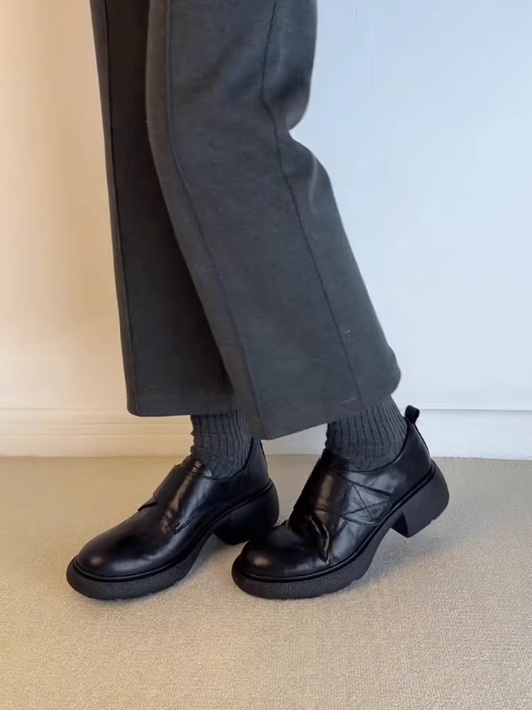 Phiên bản da cừu ~ Giày đế dày có khóa dán, giày da kiểu lười, đa năng khi đi làm, giày đế dày bằng da thật dành cho nữ