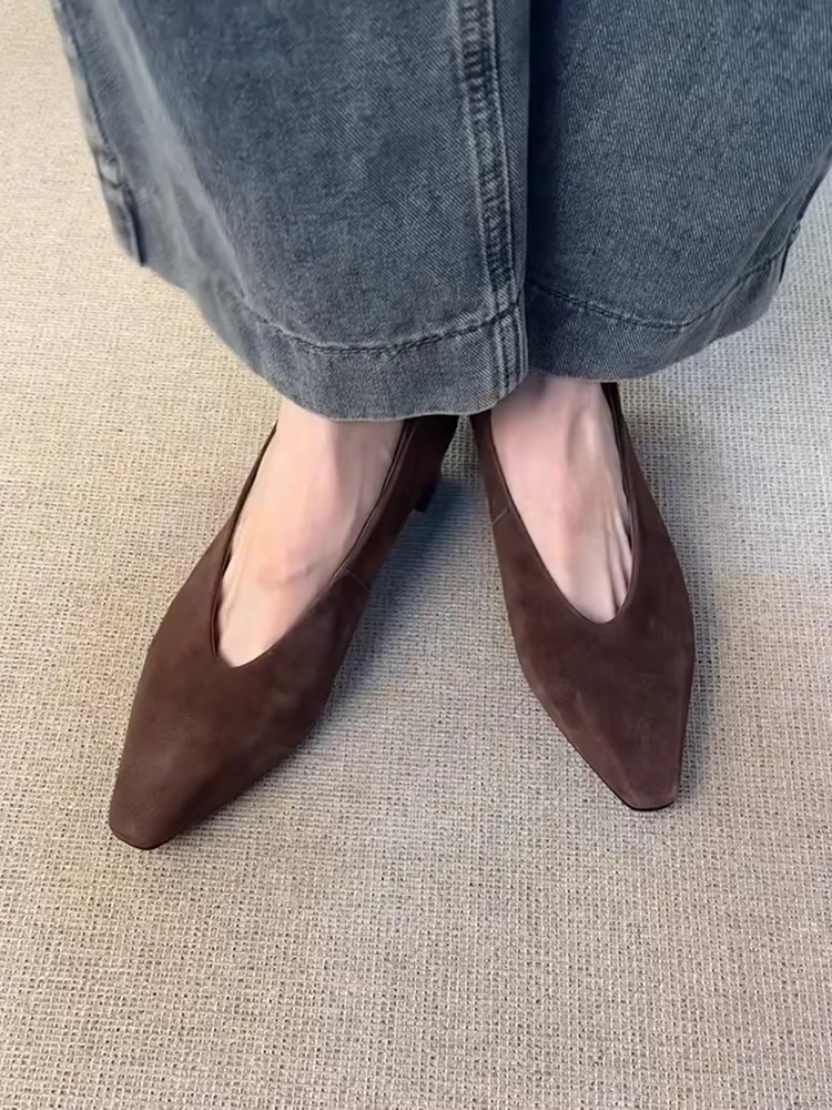 Phiên bản da cừu ~ Giày lười đơn giản bằng da mờ dành cho nữ, kiểu Pháp mũi vuông nông, gót dày cổ điển, kiểu giày bà ngoại