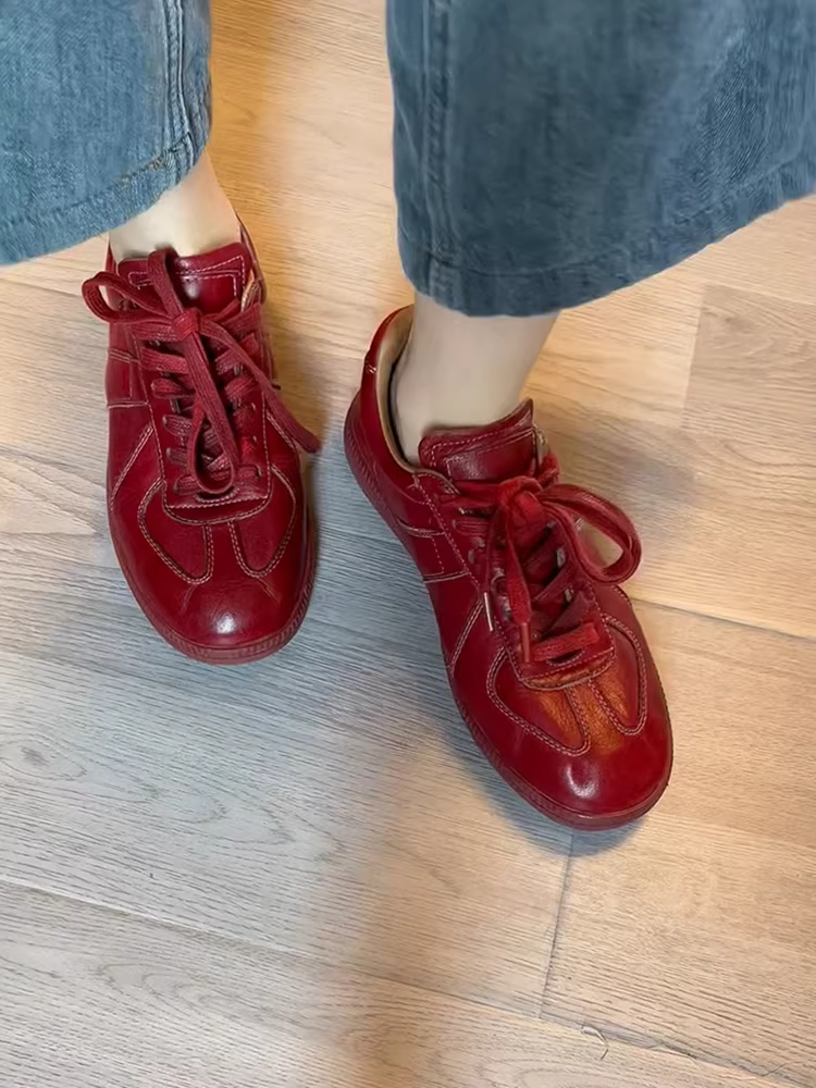 Phiên bản da cừu ~ Giày tập luyện Đức đế mềm bằng da thật phong cách cổ điển dành cho nữ, giày thể thao thông thường có dây buộc màu đỏ cắt sâu có dây buộc