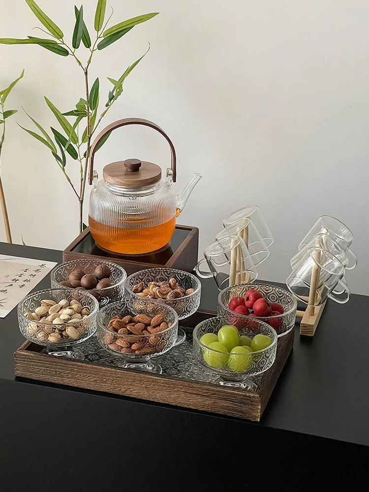 Bếp điện gốm sứ bằng gỗ óc chó để pha trà, ấm trà thủy tinh chịu nhiệt cao có tay cầm, ấm pha trà, bộ tách trà.