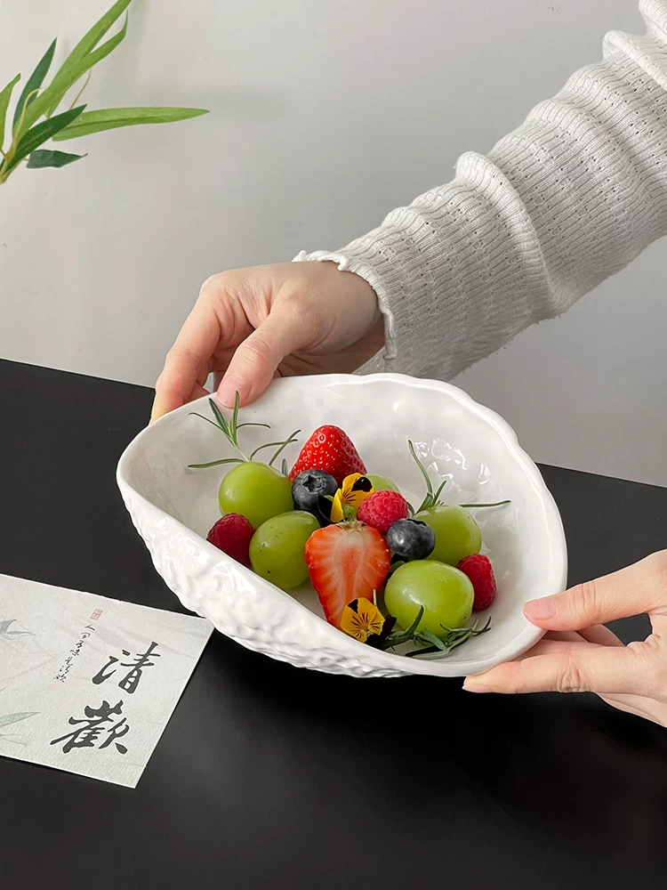 Đĩa gốm hình vỏ sò thiết kế sáng tạo, đĩa màu trơn tinh tế dùng cho trà chiều, đĩa trái cây, đĩa tráng miệng, đĩa hình bầu dục, bộ đồ ăn.