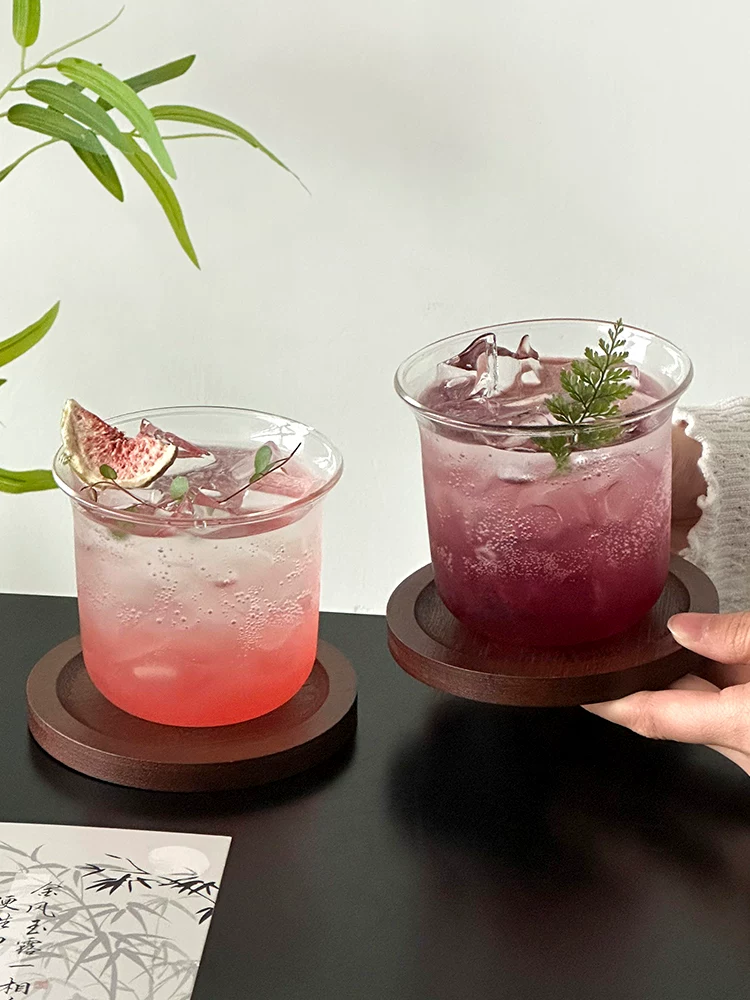 Cốc thủy tinh trong suốt miệng rộng đơn giản có đế lót, cốc cà phê Americano đá, cốc latte, cốc cocktail, cốc nước, cốc đồ uống lạnh.