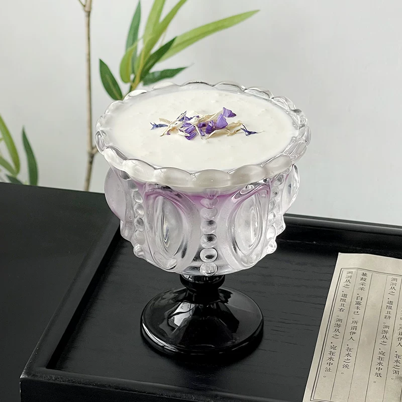 Ly kem đen cổ điển, họa tiết nổi, ly tráng miệng thẩm mỹ cao, ly thủy tinh sưu tầm độc đáo, ly rượu gia dụng.