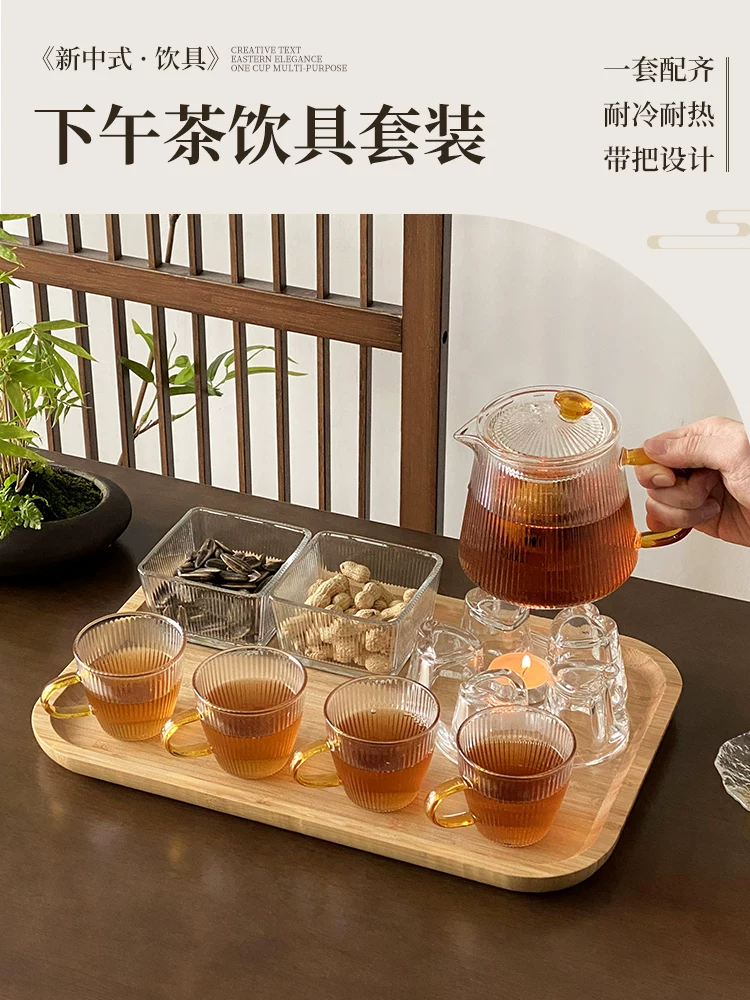 Ấm trà thủy tinh dùng trong gia đình, ấm trà hoa đun bằng nến, tách trà và nước, cốc trà chịu nhiệt độ cao, bộ ấm trà.