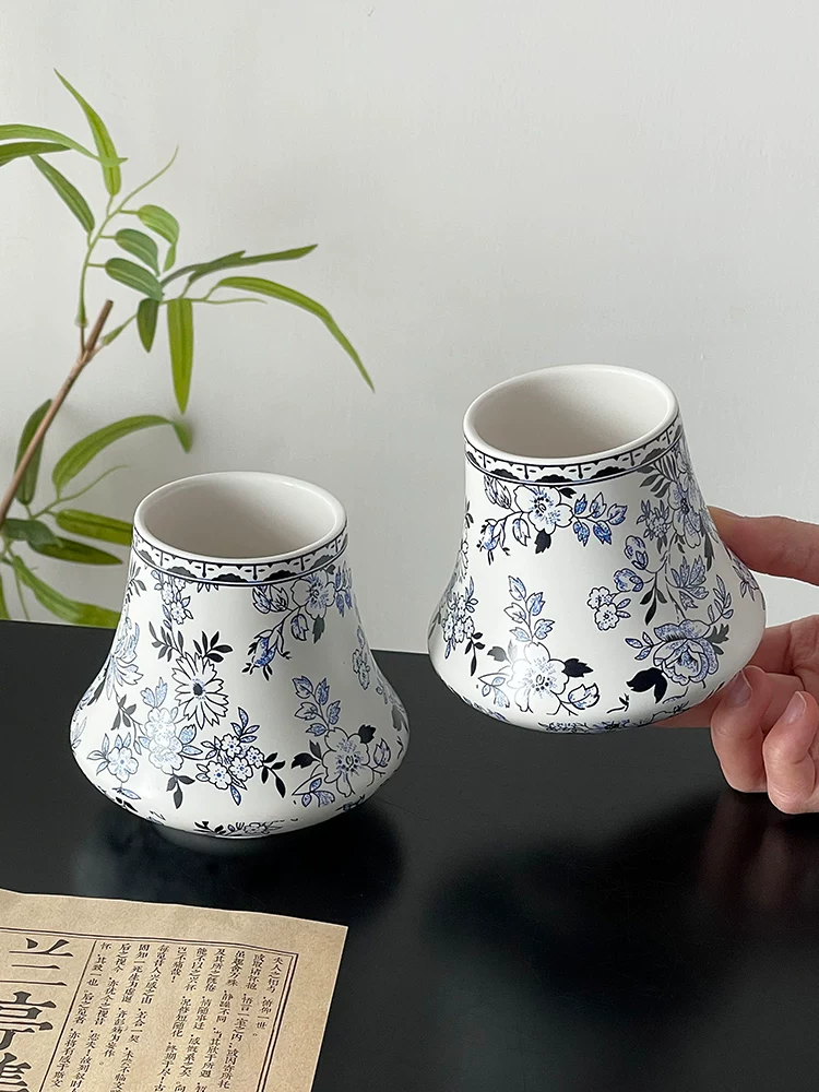 Cốc sứ xanh trắng kiểu Trung Quốc, cốc cà phê có viền sáng tạo, cốc dùng cho trà chiều, cốc đựng đồ uống, cốc latte, cốc nước.