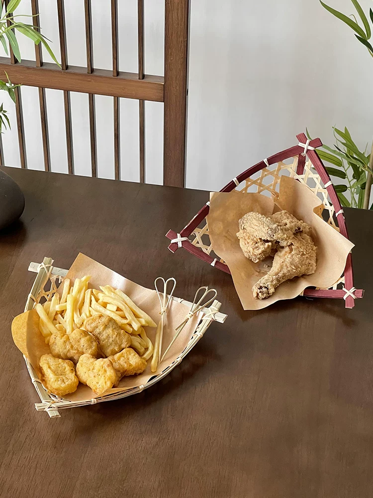 Khay đựng đồ ăn vặt bằng tre đan thủ công, giỏ đựng đồ ăn chiên, khay bánh ngọt trà chiều, khay tre đan.