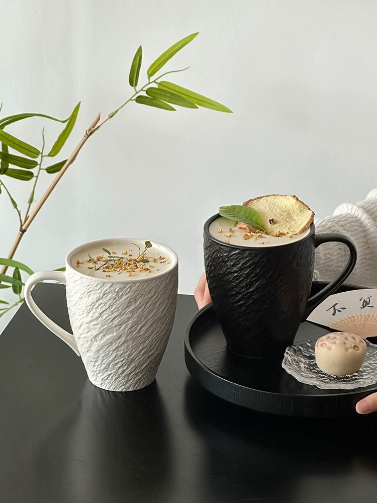 Cốc sứ họa tiết đá sáng tạo, cốc cà phê có quai treo, cốc latte cao cấp, cốc trà dung tích lớn kiểu rustic 250517