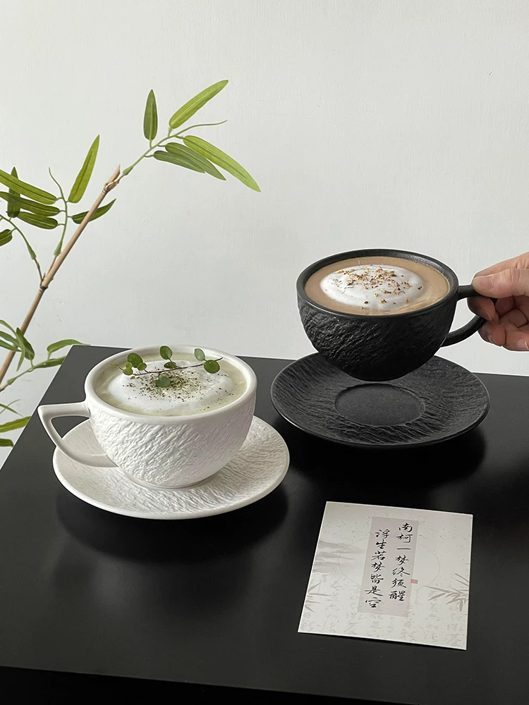Cốc sứ cổ điển độc đáo, bộ cốc và đĩa uống cà phê tinh tế, cốc latte họa tiết đá màu trơn, cốc latte, cốc có giá trị thẩm mỹ cao.
