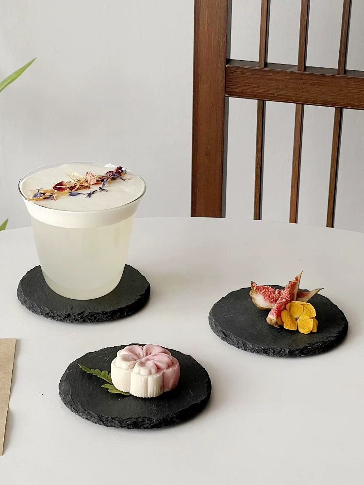 Đĩa đá đen kiểu Trung Quốc, đế lót ly trà, miếng lót cách nhiệt, đĩa tráng miệng tinh tế, đĩa tráng miệng mini, khay trà, thảm trà, đĩa nhỏ.