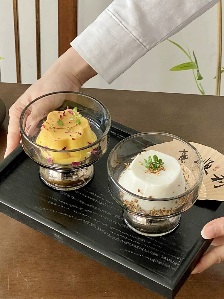 Cốc sữa chua yến mạch tinh tế, bát tráng miệng cao dùng trong gia đình, cốc kem, bát đựng nước đường, bình thủy tinh màu tro, cốc đựng bánh pudding.