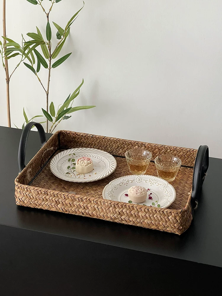 Khay mây đan chất lượng cao kiểu Trung Quốc mới, khay trà, khay trưng bày đồ ăn nhẹ, khay đựng đồ, khay đựng cốc nước quán trà, khay đựng tách trà, khay đựng trái cây.