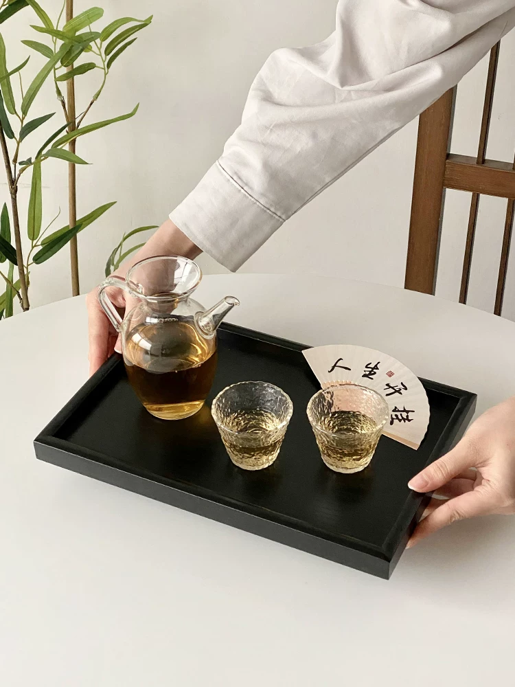 Khay gỗ đen kiểu Nhật hình chữ nhật, khay gia dụng đựng tách trà và đồ ăn nhẹ, đĩa gỗ nguyên khối cao cấp, khay ăn uống.