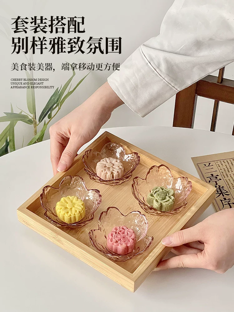 Đĩa tráng miệng hoa anh đào kiểu Nhật, đĩa nhỏ bằng thủy tinh rèn, đĩa ăn nhẹ trà chiều tinh tế, khay trà bánh ngọt, bát nhỏ.