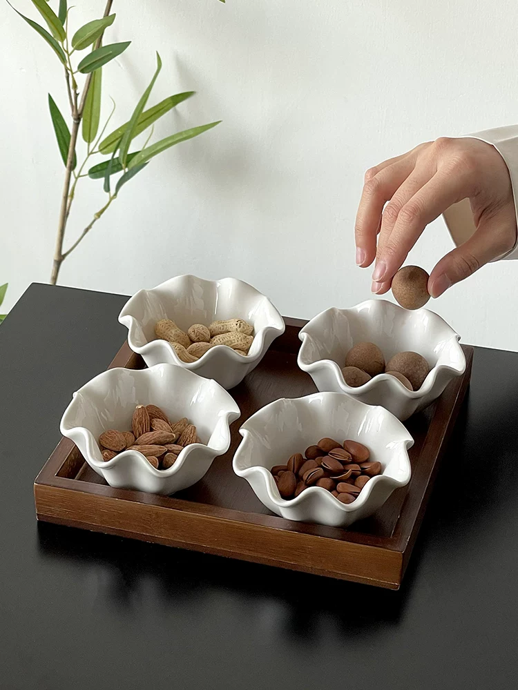 Đĩa đựng đồ ăn nhẹ kiểu Trung Quốc, đĩa gốm hình hoa sen, bộ khay gỗ lấy cảm hứng từ Thiền, đĩa trưng bày trên bàn trà, đĩa đựng trái cây, đĩa đựng hạt chia ngăn.