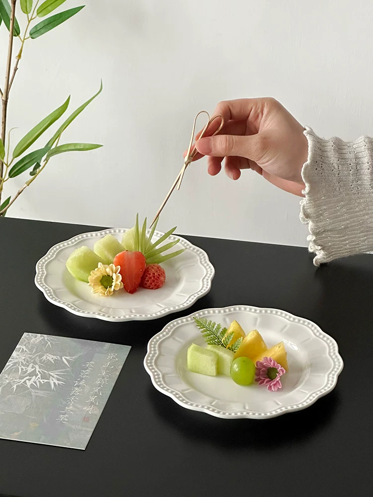 Đĩa phẳng đơn giản, đĩa trái cây tinh tế, đĩa tráng miệng cao cấp cho trà chiều, đĩa bánh ngọt, đĩa viền ren, đĩa ăn.