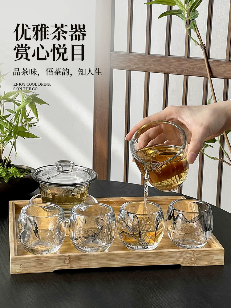 Tách trà vẽ mực thủy tinh để tiếp khách, gaiwan cao cấp, chén chủ, tách trà, cốc thủy tinh, bộ trà kung fu, bộ quà tặng.