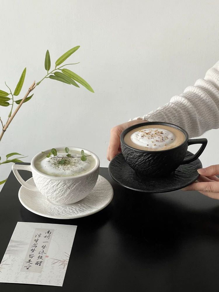 Cốc sứ cổ điển độc đáo, bộ cốc và đĩa uống cà phê tinh tế, cốc latte họa tiết đá màu trơn, cốc latte, cốc có giá trị thẩm mỹ cao.