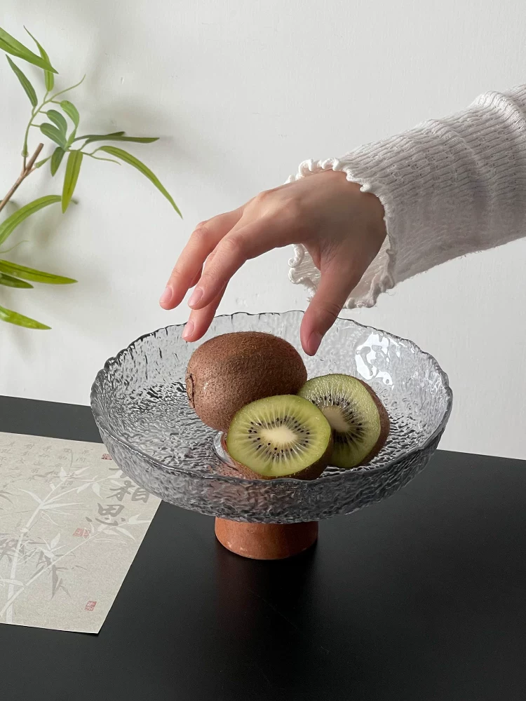 Đĩa thủy tinh cao màu xám khói cổ điển, đĩa trưng bày đồ ăn nhẹ, đĩa trái cây cao cấp phong cách Trung Hoa, đĩa đựng bánh kẹo tráng miệng
