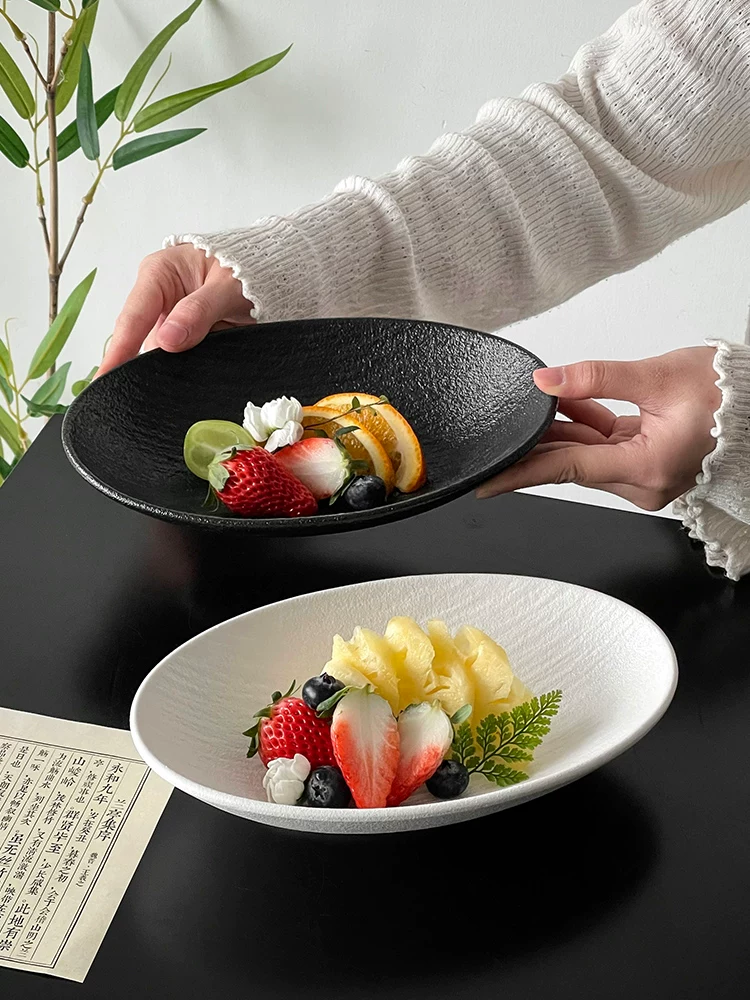 Đĩa hình bầu dục sáng tạo độc đáo, đĩa trái cây tinh tế, đĩa tráng miệng, đĩa màu trơn cao cấp, đĩa trái cây kiểu Trung Quốc, bộ đồ ăn bằng gốm sứ.