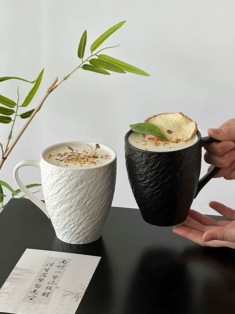 Cốc sứ họa tiết đá sáng tạo, cốc cà phê có quai treo, cốc latte cao cấp, cốc trà dung tích lớn kiểu rustic 250517
