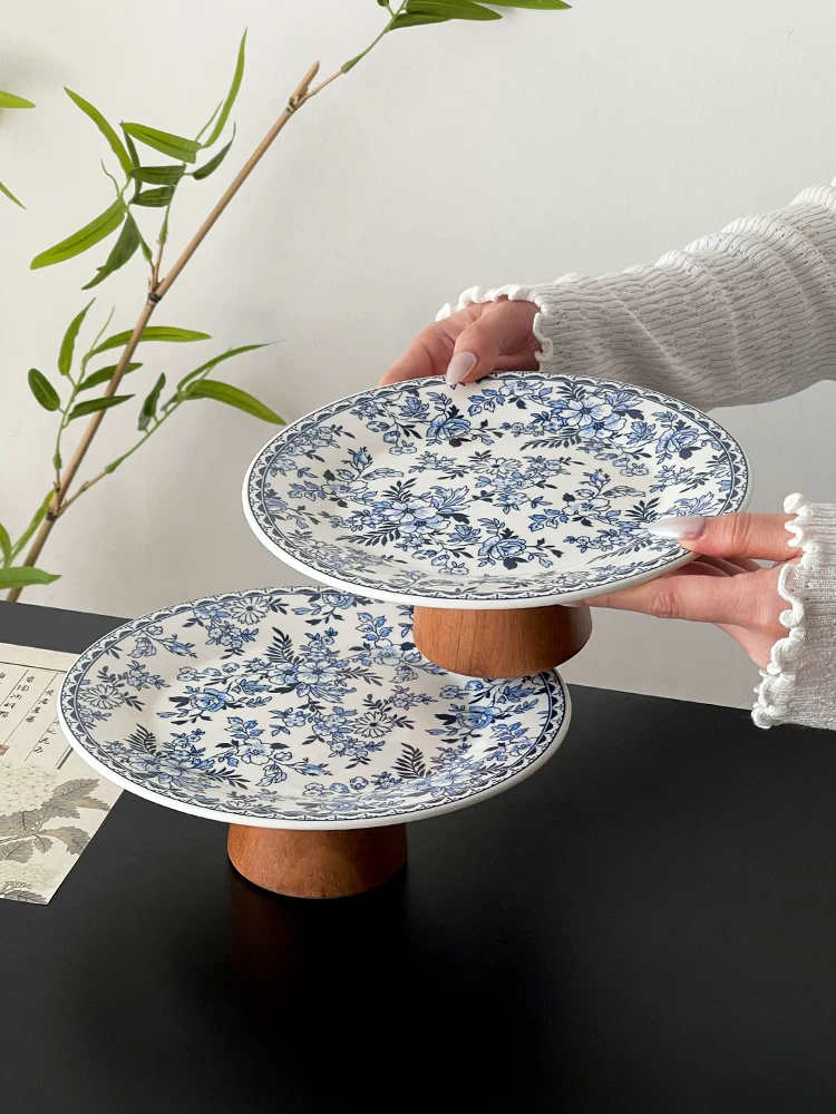 Đĩa sứ cổ điển màu xanh trắng, đĩa trưng bày trái cây tinh tế, đĩa trái cây để bàn cà phê sáng tạo kiểu Trung Quốc mới, đĩa tráng miệng, đĩa bánh ngọt.