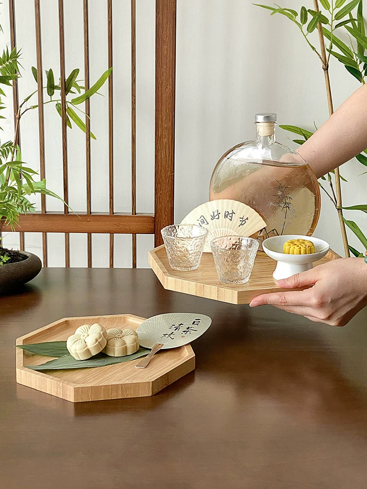 Khay gỗ kiểu Nhật cổ điển, khay trà hình bát giác, khay cà phê, khay đựng trái cây, khay ăn sáng, đĩa gỗ, khay ăn uống thương mại.