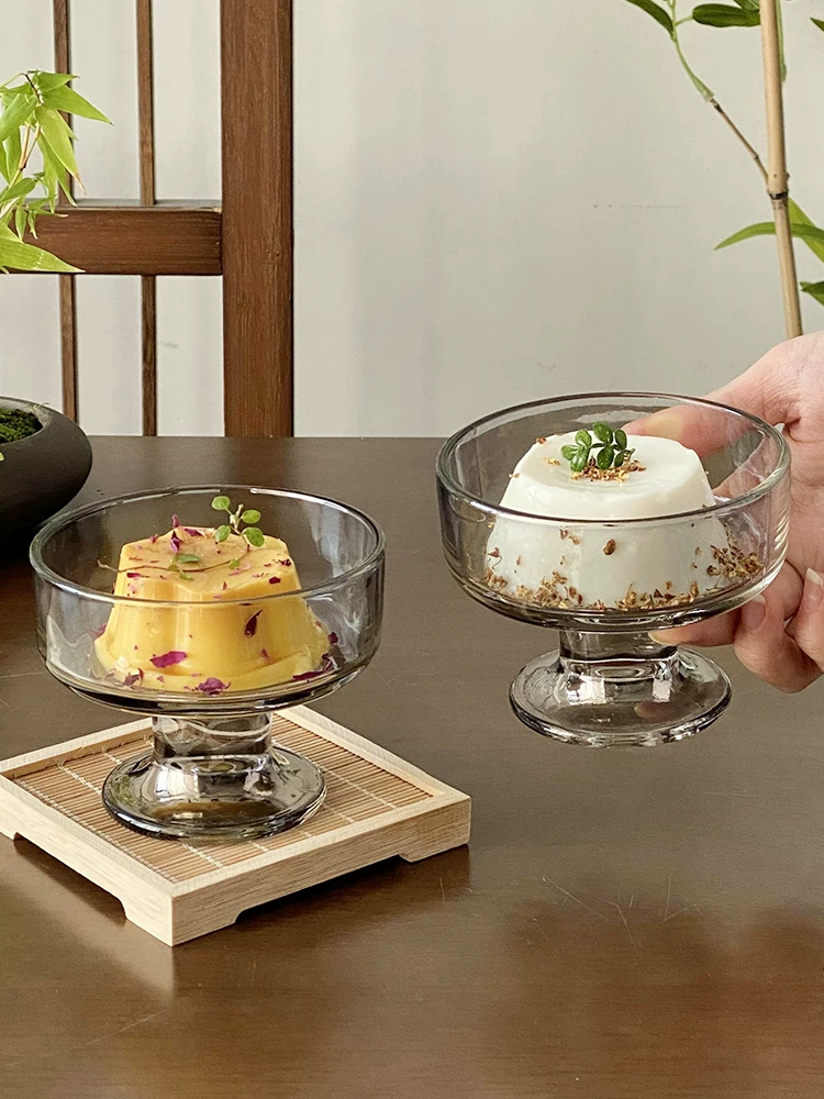 Cốc sữa chua yến mạch tinh tế, bát tráng miệng cao dùng trong gia đình, cốc kem, bát đựng nước đường, bình thủy tinh màu tro, cốc đựng bánh pudding.