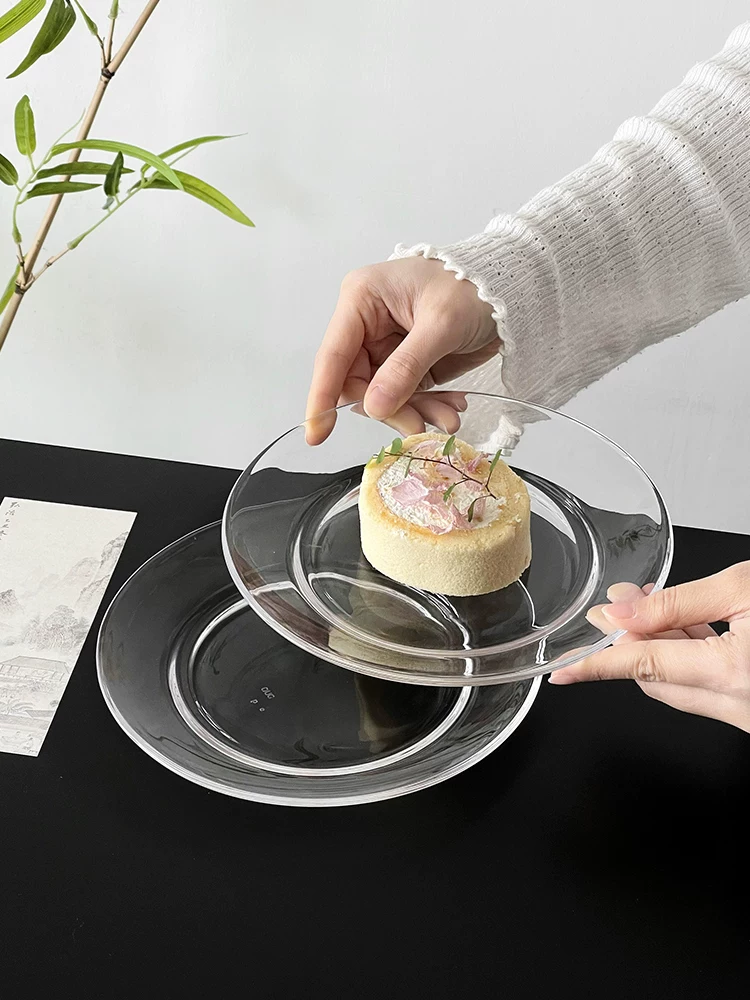 Đĩa thủy tinh trong suốt kiểu Trung Quốc, đĩa đựng đồ ăn nhẹ đơn giản, đĩa tráng miệng trà chiều tinh tế, đĩa đựng trái cây, đĩa sáng tạo.