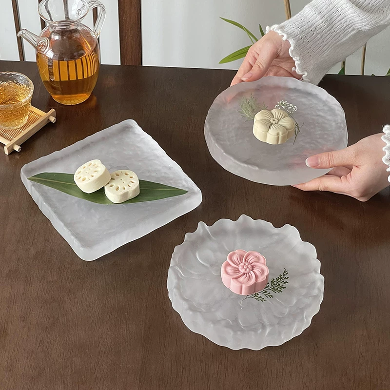 Đĩa tráng miệng bằng kính mờ dùng cho trà chiều tại nhà, đĩa kiểu sông băng tinh tế để đựng bánh ngọt, bánh kem và đồ ăn nhẹ, đĩa trưng bày, khay bánh kiểu Tây.