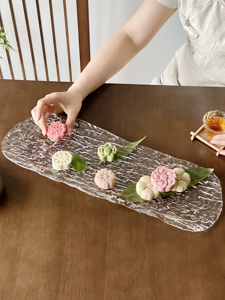 Khay trà thủy tinh kiểu Trung Quốc mới với họa tiết cây dài, khay đựng tráng miệng và trái cây, đĩa bánh ngọt trà chiều truyền thống, bộ đồ ăn lấy cảm hứng từ Thiền.