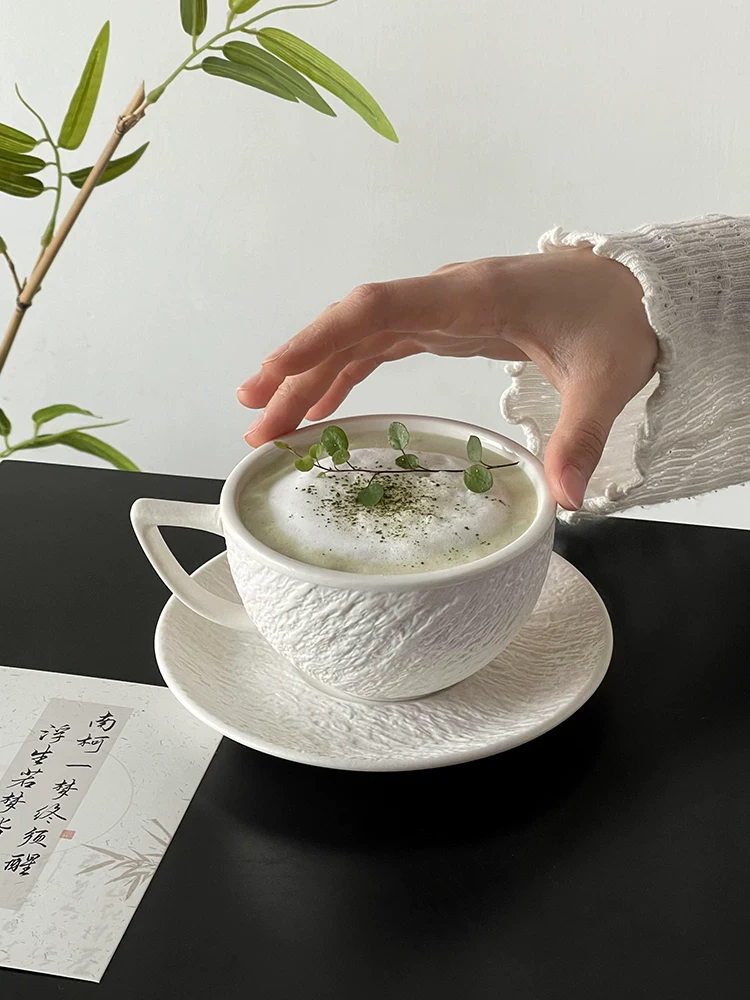 Cốc sứ cổ điển độc đáo, bộ cốc và đĩa uống cà phê tinh tế, cốc latte họa tiết đá màu trơn, cốc latte, cốc có giá trị thẩm mỹ cao.