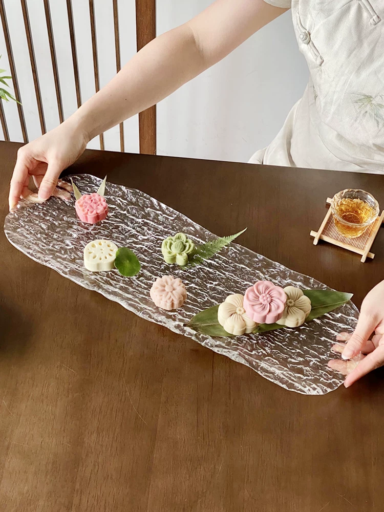 Khay trà thủy tinh kiểu Trung Quốc mới với họa tiết cây dài, khay đựng tráng miệng và trái cây, đĩa bánh ngọt trà chiều truyền thống, bộ đồ ăn lấy cảm hứng từ Thiền.