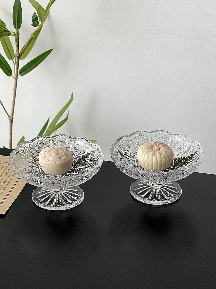 Đĩa trái cây thủy tinh cao kiểu Trung Quốc có họa tiết nổi, đĩa trà nhỏ, đĩa ăn nhẹ buổi chiều, đĩa tráng miệng, đĩa trái cây, đĩa đựng đồ ăn.