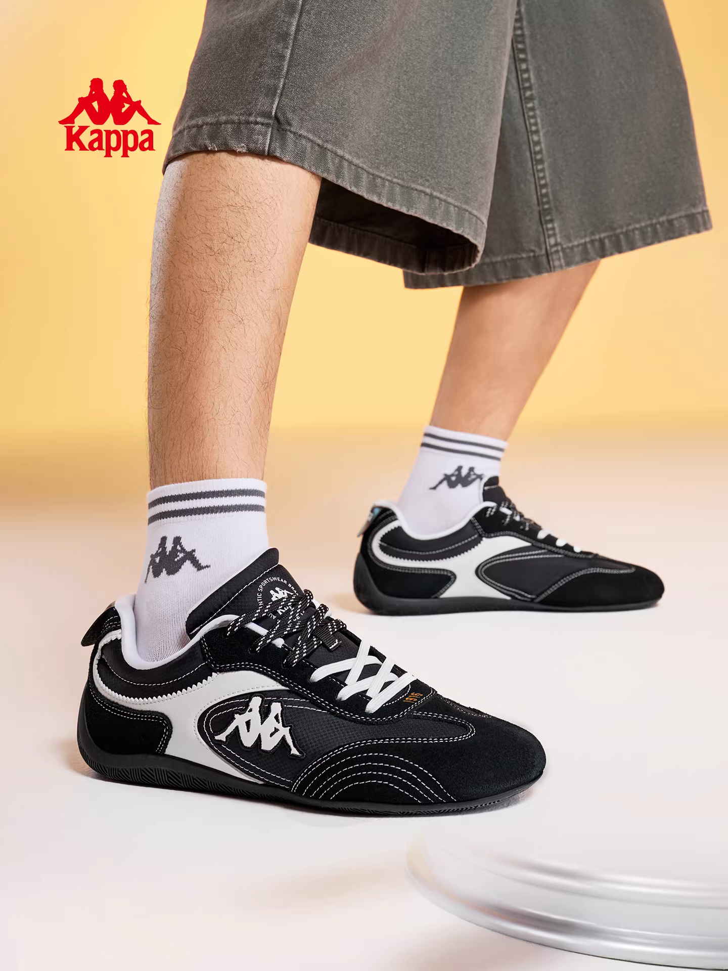 Giày tập luyện đua xe Kappa nam, mẫu mới mùa đông 2025, kiểu retro đen, đế mỏng, có đệm, giày chạy bộ