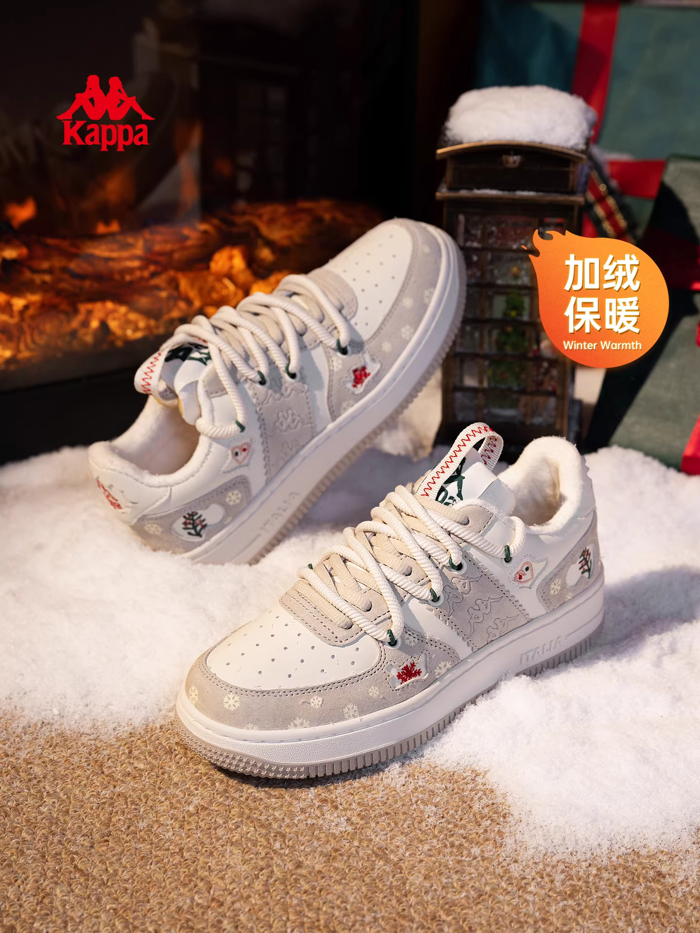 Giày thể thao Kappa phiên bản giới hạn Giáng sinh dành cho nữ mùa đông 2025, lót lông cừu giữ ấm, giày cotton đế dày, kiểu retro màu trắng