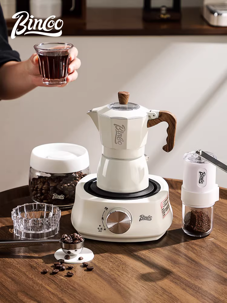 Máy pha cà phê kiểu Ý Bincoo hai van, sử dụng bếp điện, nhỏ gọn, tay quay, dành cho gia đình.