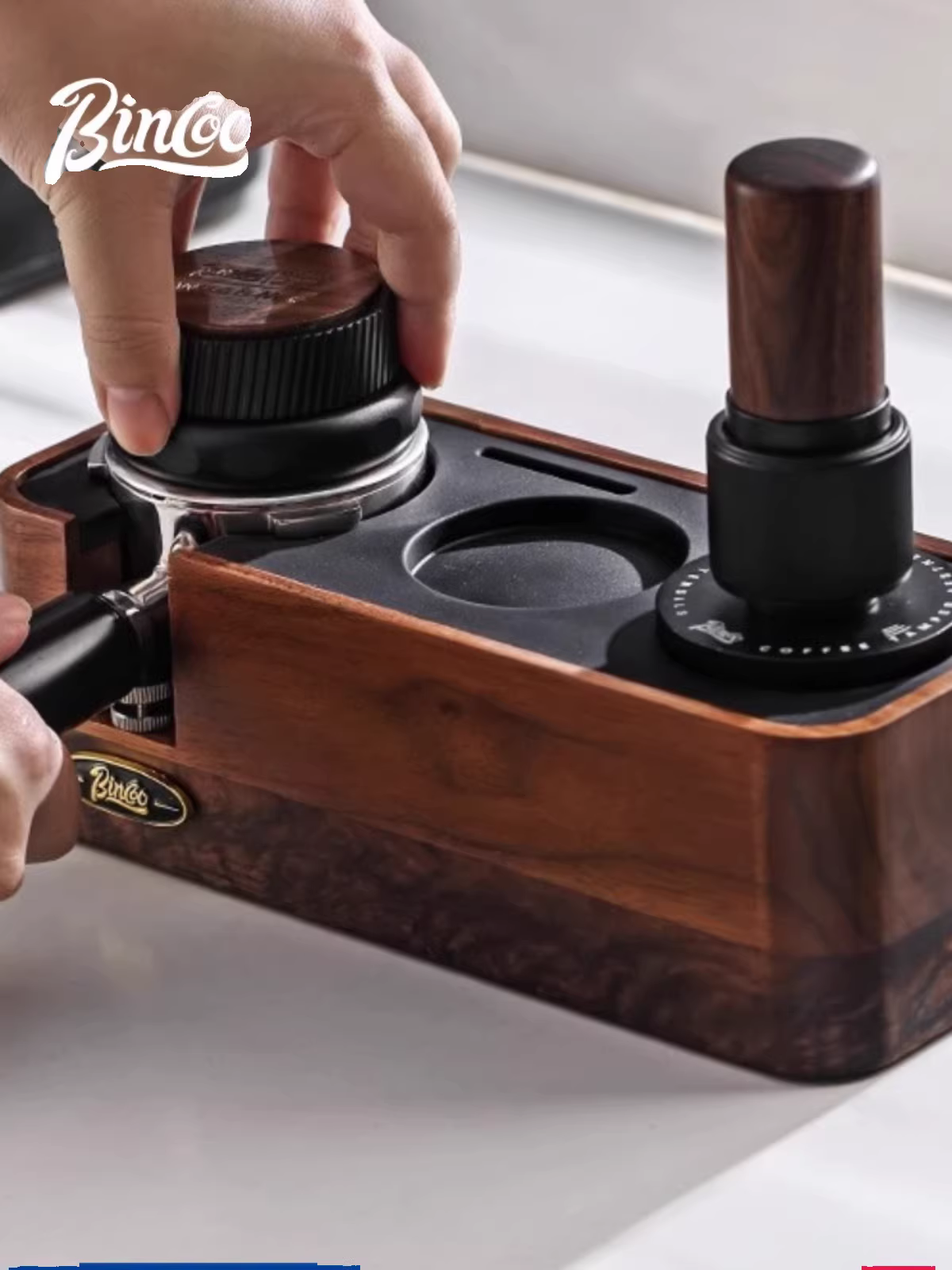 Bộ dụng cụ pha cà phê Bincoo bằng gỗ óc chó, gồm đế, dụng cụ nén, dụng cụ phân phối bột, phù hợp với cỡ 51/58mm