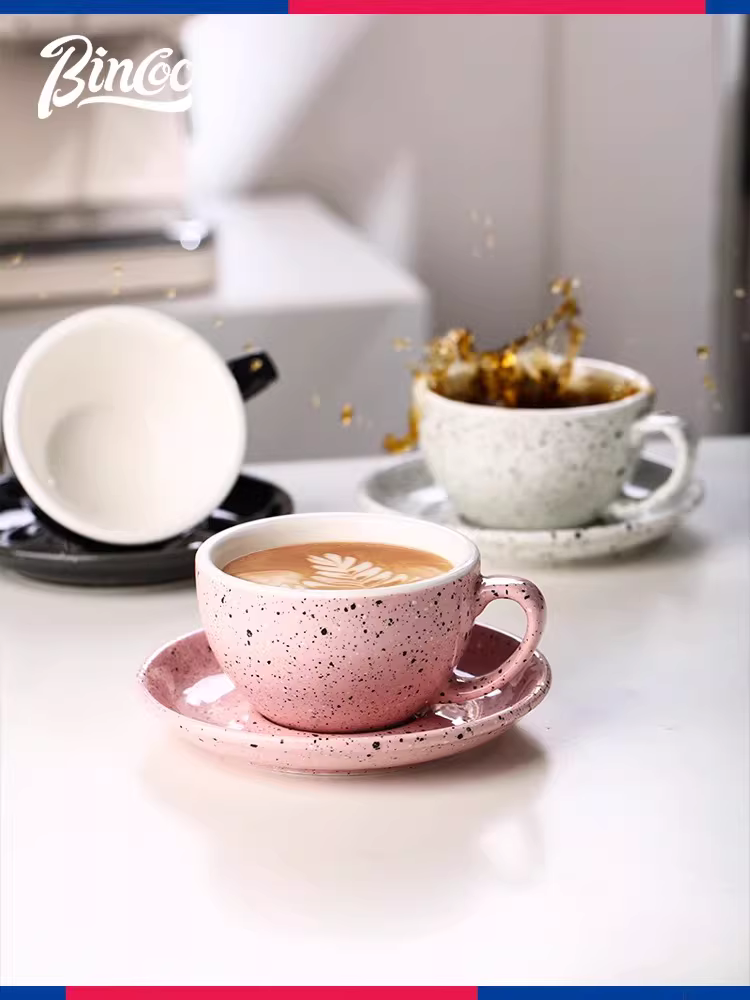 Bộ tách trà cà phê sứ Bincoo, họa tiết Latte Art, phong cách châu Âu, tinh tế, dùng cho trà chiều.