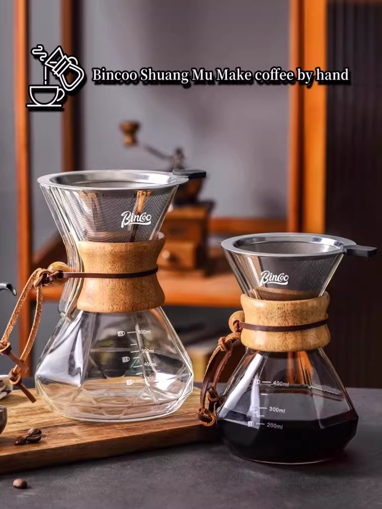 Bình pha cà phê thủ công Bincoo, bình pha cà phê thủy tinh nhỏ hình eo dùng trong gia đình với phễu lọc và cốc lọc bằng thép không gỉ.