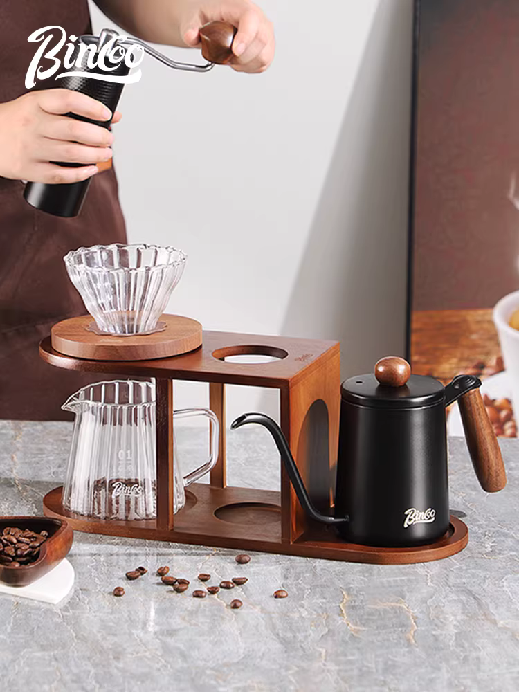 Giá để cà phê pha thủ công Bincoo, ấm chia sẻ, ấm pha cà phê thủ công, cốc lọc thủy tinh, bộ đầy đủ để sử dụng tại nhà, giá đỡ bằng gỗ cổ điển