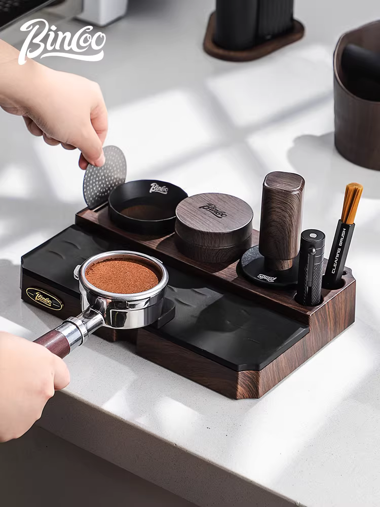 Bộ dụng cụ đa năng kiểu Ý Bincoo vân gỗ, gồm hộp đựng bã cà phê, máy ép bột, kích thước phổ thông 51/58mm