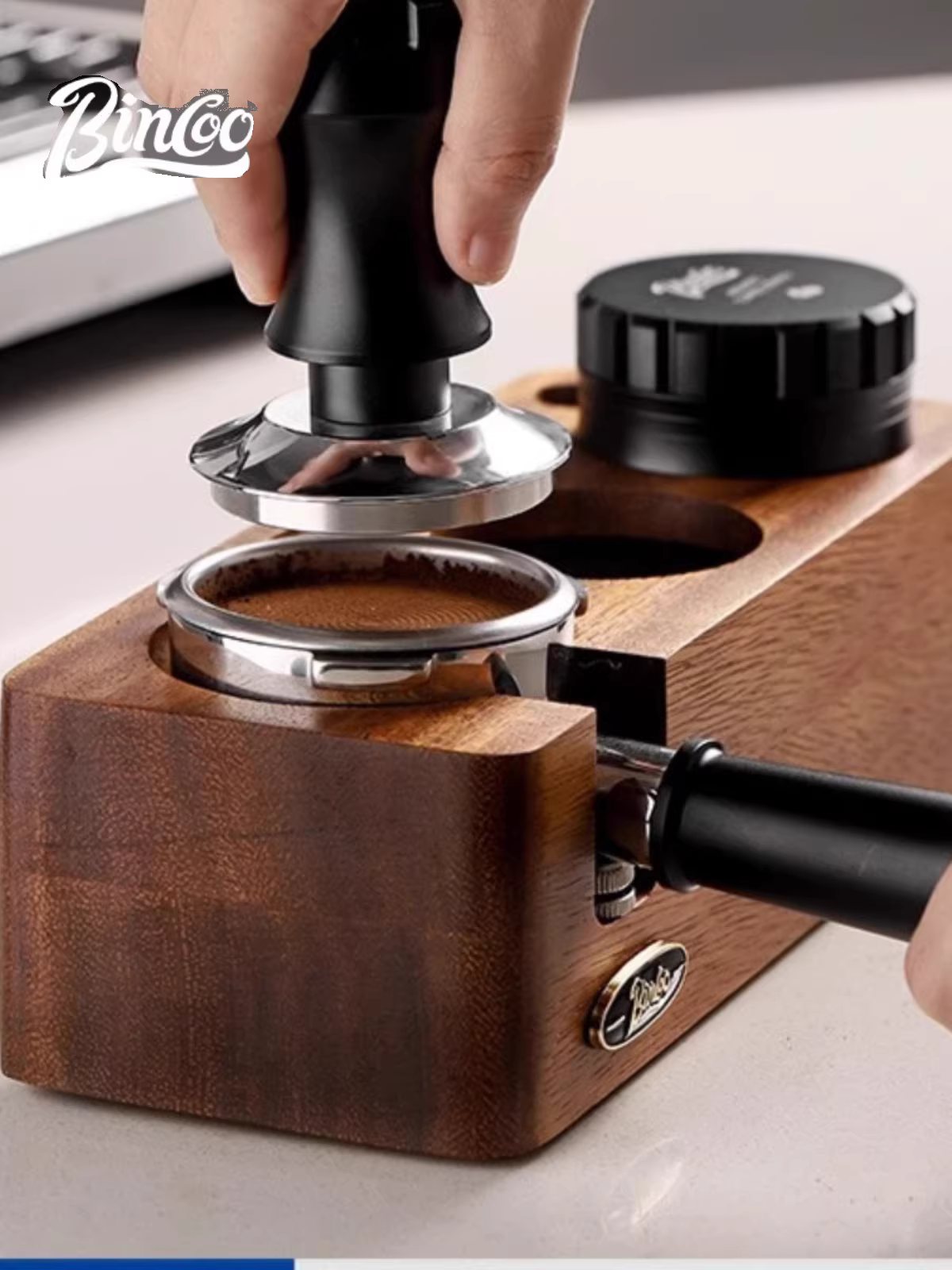 Bộ dụng cụ pha cà phê Bincoo bằng gỗ óc chó, gồm đế ép cà phê, búa ép cà phê, dụng cụ phân phối bột cà phê, bộ ba món kiểu Ý 51/58mm
