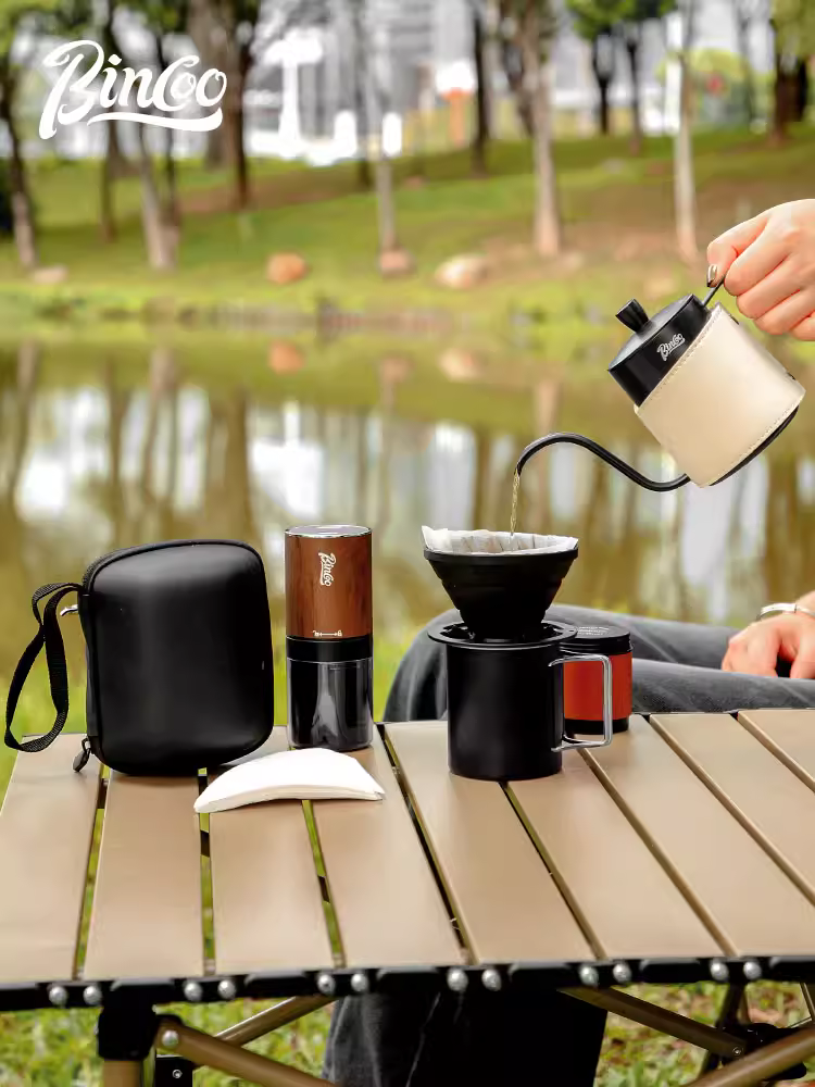 Bộ dụng cụ pha cà phê ngoài trời Bincoo, bộ pha cà phê cầm tay di động, máy xay cà phê bằng tay, máy pha cà phê du lịch, bộ đầy đủ tiện dụng