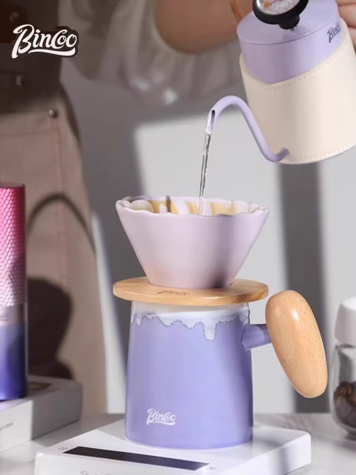 Bộ pha cà phê thủ công Bincoo bằng gốm, gồm dụng cụ lọc, máy xay cà phê cầm tay, bộ dụng cụ pha cà phê hoàn chỉnh.