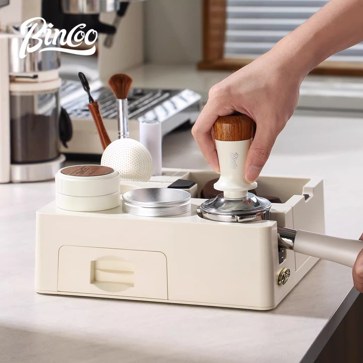 Đế đa năng Bincoo dùng làm dụng cụ nén cà phê, hộp đựng bã cà phê, giá đỡ, tay cầm, dụng cụ phân phối bột cà phê, hộp đựng bã cà phê