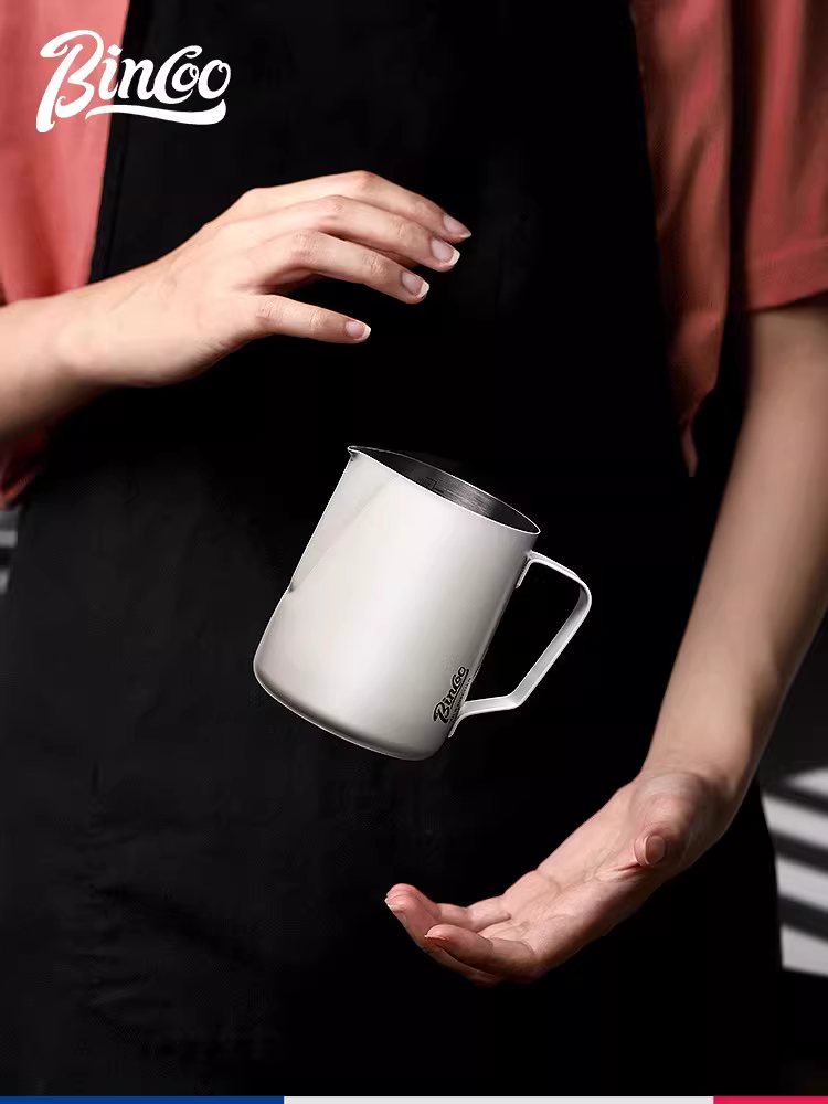 Bình tạo bọt sữa bằng thép không gỉ Bincoo, dày dặn, có vòi nhọn và vạch chia độ, dùng cho nghệ thuật pha cà phê Latte.