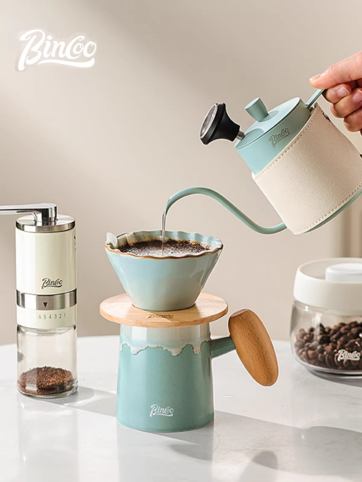 Bộ pha cà phê bằng gốm Bincoo với bộ lọc và bình chia sẻ, bộ dụng cụ pha cà phê hoàn chỉnh để sử dụng tại nhà với máy xay cầm tay