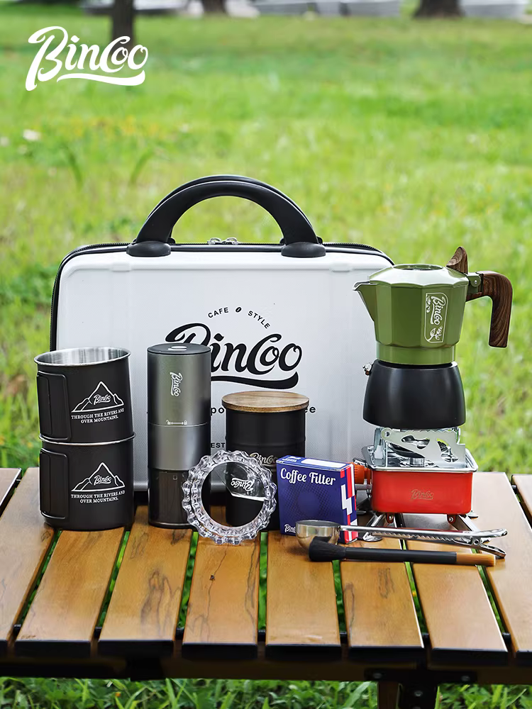 Bộ dụng cụ pha cà phê du lịch ngoài trời Bincoo, ấm pha cà phê moka hai van, thiết bị pha cà phê cắm trại, bộ pha cà phê di động đầy đủ